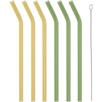 Preview: Glas-Trinkhalme wiederverwendbar mit Reinigungsbürste, 6erSet, 19 cm, mehrfarbig, gebogen, spülmaschinenfest, ideal zu Cocktails, Smoothie und Säften