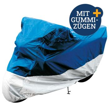 Preview: Universal Motorrad-Vollgarage (246x105x127cm): Mit Gummizügen, reissfest, blau-weiss – perfekte Passform und einfacher Schutz für jedes Motorrad
