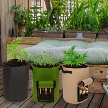 Preview: 3er-Set Pflanzsäcke mit Erntefenster - Filz, 43 Liter, Ø 35x45cm - Schwarz, Grün & Beige - Ideal für Kartoffeln, Urban Gardening, Balkon, Terrasse