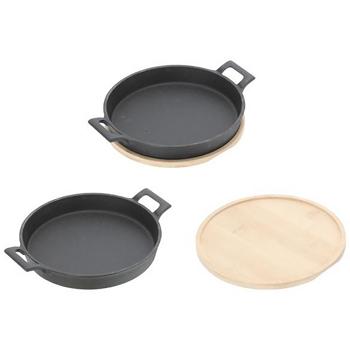 Preview: High-quality round cast iron serving pan, 2 handles, bamboo board as elegant trivet, Ø 18.5 cm, solid modern pan - pure flair
