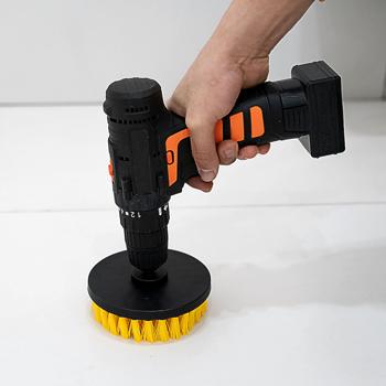Preview: set of 4 cleaning brushes for cordless screwdriver & drill, yellow/black, Drill Brush cleaning kit ideal for kitchen, bathroom, rims, car