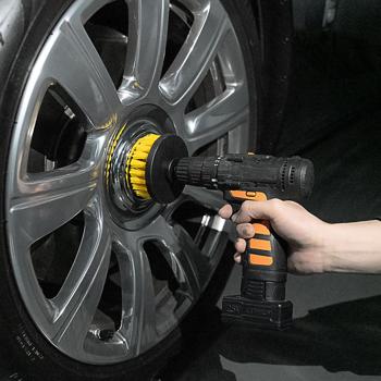 Preview: set of 4 cleaning brushes for cordless screwdriver & drill, yellow/black, Drill Brush cleaning kit ideal for kitchen, bathroom, rims, car