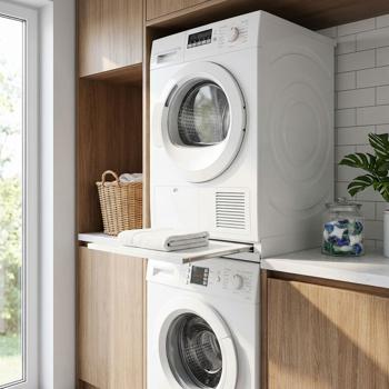 Preview: Intermediate storage frame with pull-out (60x60cm, white): Metal frame for washing machine & dryer, space-saving stacking + pull-out work surface