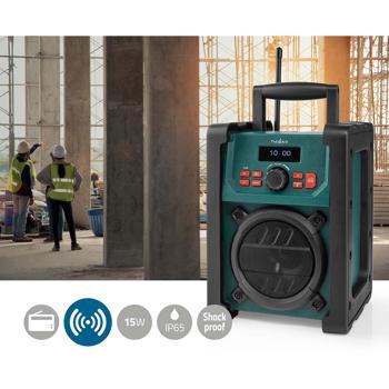 Preview: Robust DAB+ construction site radio with Bluetooth - IP65 weatherproof, 15W, battery or mains operation, green-black, for construction site & workshop