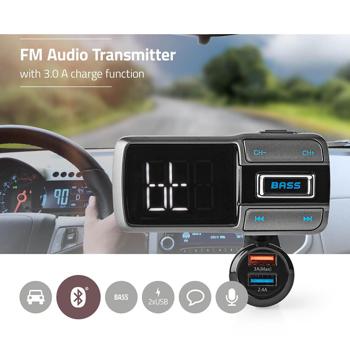 Preview: Transmetteur audio FM Bluetooth 5.0 pour voiture - Col de cygne flexible, Bass Boost, appels mains libres, 2 ports USB (3.0A & 2.4A), Siri/Google Assistant