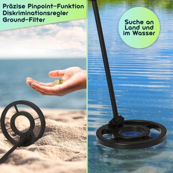 Preview: Profi Metalldetektor, digital, wasserdicht, LCD Display, Erkennung unterschiedlicher Metalle, Pinpointing-Funktion, Tiefensuche ohne Störung