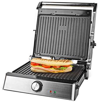 Preview: Griglia a contatto multifunzionale, 2000 watt, griglia a contatto o piastra teppanyaki, acciaio inox, antiaderente. Argento/nero. Grigliata rapida, pulizia facile