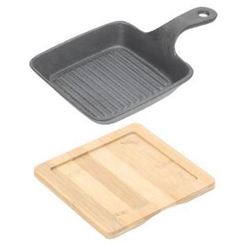 Preview: Lot 2 Poêles à Servir Carrées Fonte - Rôtir, Dresser, Conserver Chaleur - Dessous de Plat Bambou, Ø 15cm - Qualité, Robustes