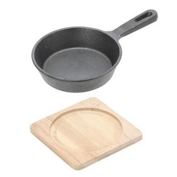 Preview: set of 2 round cast iron serving pans with bamboo board, Ø 12.5 cm