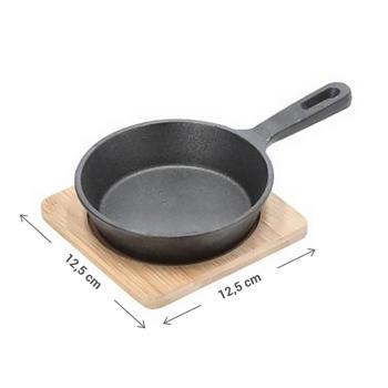 Preview: set of 2 round cast iron serving pans with bamboo board, Ø 12.5 cm