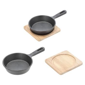 Preview: set of 2 round cast iron serving pans with bamboo board, Ø 12.5 cm