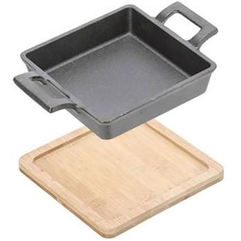 Preview: set of 4 square cast iron serving pan, 2 handles, bamboo board as elegant trivet, Ø 13cm, pan for gratin, tapas, curry and meat