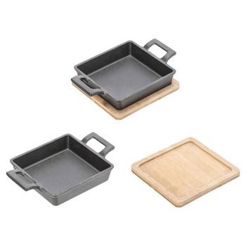 Preview: set of 4 square cast iron serving pan, 2 handles, bamboo board as elegant trivet, Ø 13cm, pan for gratin, tapas, curry and meat
