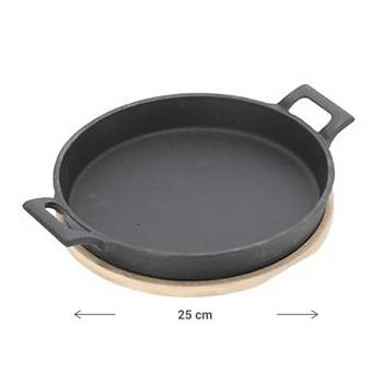 Preview: set of 2 high-quality round serving pan made of cast iron, 2 handles, bamboo board as elegant trivet, Ø 18.5 cm, solid modern pan - pure flair
