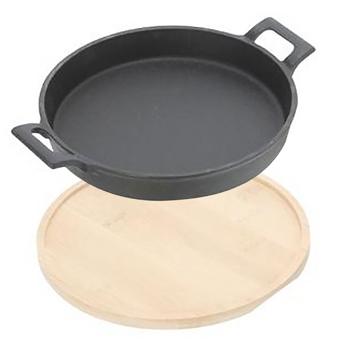 Preview: set of 4 high-quality round serving pan made of cast iron, 2 handles, bamboo board as elegant trivet, Ø 18.5 cm, solid modern pan - pure flair
