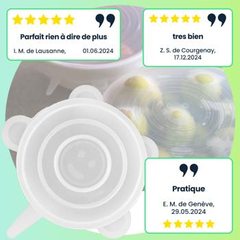 Preview: Couvercles en silicone (lot de 5) - Extensibles, réutilisables pour casseroles, saladiers, plats - Hygiène & fraîcheur des aliments - Lave-vaisselle & micro-ondes