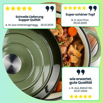 Preview: Emaillierter Gusseisen Topf in Grün, Ø24cm – Robuster Schmortopf & Bräter - Perfekte Kochergebnisse mit Stil