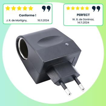 Preview: Mini-transformateur, compact et pratique, 230 V vers 12 V, 1000 mA / 12 W, noir, permet d’utiliser partout vos appareils 12 V avec fiche allume-cigare