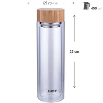 Preview: Isolierflasche 450ml - Integriertes Teesieb für Kräuter - Doppelwandige Thermosflasche aus Borosilikatglas mit Bambusdeckel - Hält Getränke warm/kühl