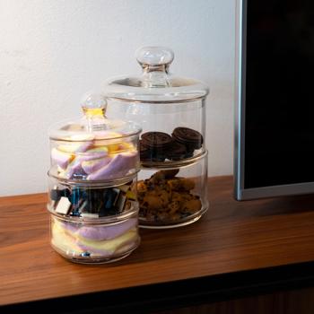 Preview: Set of 2 glass containers with three tiers, incl. lid, 12 cm Ø, 23 cm high
