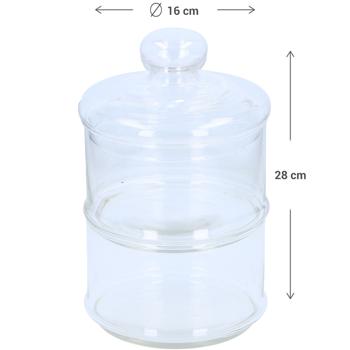 Preview: 2er-Set Glasbehälter mit 2 Ebenen - Präsentation von Gebäck Süssigkeiten Pralinen - Ø 16cm, 28cm hoch - Hygienisch mit Deckel