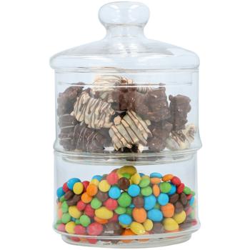 Preview: 2er-Set Glasbehälter mit 2 Ebenen - Präsentation von Gebäck Süssigkeiten Pralinen - Ø 16cm, 28cm hoch - Hygienisch mit Deckel