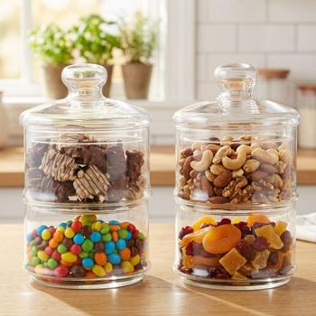 Preview: Set of 2 glass containers with 2 tiers – Presentation of biscuits, sweets, chocolates – Ø 16 cm, 28 cm high – Hygienic with lid