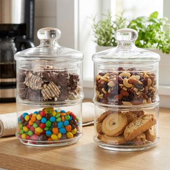Set of 2 glass containers with 2 tiers – Presentation of biscuits, sweets, chocolates – Ø 16 cm, 28 cm high – Hygienic with lid
