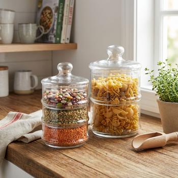 Preview: Set de bocaux de conservation en verre 2/3 niveaux - Couvercle protecteur - Sans plastifiants/toxiques - Ø16x28/Ø12x23cm - Hygiénique