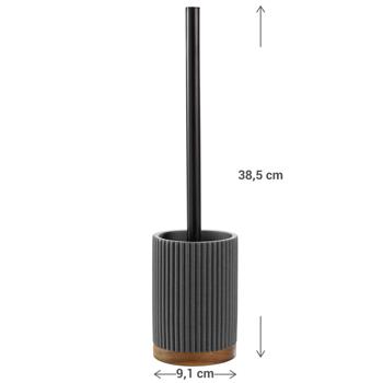 Preview: Garniture WC Brosse Incluse - Anthracite avec Bandes Acacia - Nettoyage Profond Salle de Bain Design Moderne Sans Perçage - Résine Polyester 9.1x38.5cm