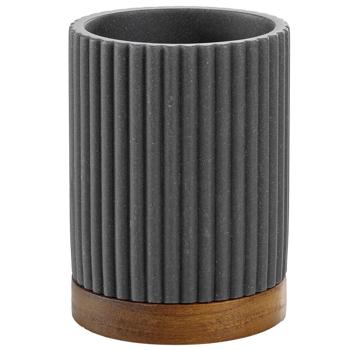 Preview: Toothbrush tumbler, anthracite with acacia wood strips, Ø 8 x 10.8 cm