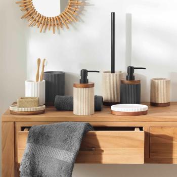 Preview: Toothbrush tumbler, anthracite with acacia wood strips, Ø 8 x 10.8 cm