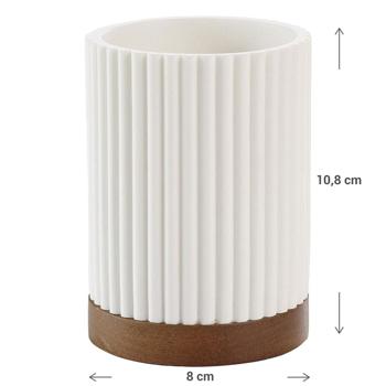 Preview: Zahnputzbecher weiss mit Akazienholzstreifen – Multifunktional als Stiftehalter & Make-Up Halter – Ø 8x10,8 cm - Polyesterharz/Akazienholz robust