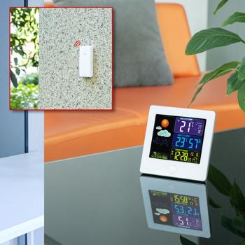 Preview: Elegant wireless weather station (white) with outdoor sensor - Thermometer, hygrometer, alarm clock & illuminated color display - Convenient weather monitoring