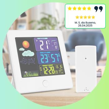 Preview: Station météo sans fil élégante (blanche) avec capteur extérieur – thermomètre, hygromètre, réveil, écran rétroéclairé – parfaite pour suivre les prévisions météo