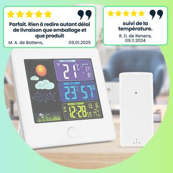 Preview: Station météo sans fil élégante (blanche) avec capteur extérieur – thermomètre, hygromètre, réveil, écran rétroéclairé – parfaite pour suivre les prévisions météo