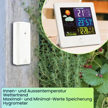 Preview: Elegante Funk-Wetterstation (weiss) mit Aussensensor – Thermometer, Hygrometer, Wecker & beleuchtetes Farbdisplay – Komfortable Wetterüberwachung