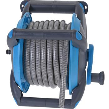 Preview: Set di tubi da giardino (15 m, blu antracite): incl. supporto per l‘avvolgimento + lancia - possibilità di montaggio a parete - per giardino, terrazza, balcone