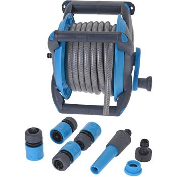 Preview: Set di tubi da giardino (15 m, blu antracite): incl. supporto per l‘avvolgimento + lancia - possibilità di montaggio a parete - per giardino, terrazza, balcone