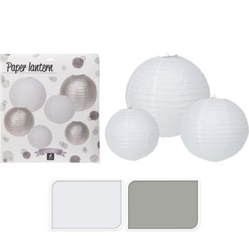 Preview: Lampions en papier - 6 pièces, 3 tailles (Ø 30/25/20cm) - Blanc & Argenté - Idéal Fêtes/Jardin - Robuste, Sûr LED - CH5610
