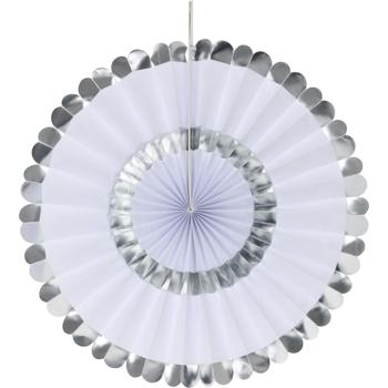 Preview: Éventails décoratifs en papier - 5 pièces, argent et blanc, 2 tailles - Décoration murale, de fête, mariage - Suspendre sans effort, durables