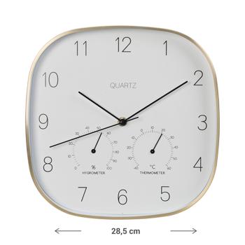 Preview: Wanduhr mit Thermo- und Hygrometer - Präzise Quarz-Uhrzeit, Raumtemperatur & Luftfeuchtigkeit für optimales Klima - Goldener Alu-Rahmen Ø 28,5 cm
