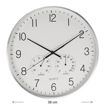 Preview: Wanduhr mit Thermo-Hygrometer - Aluminium-Rahmen silber Ø 38 cm - Präzise Zeitanzeige - Raumtemperatur-Luftfeuchtigkeit für Bad/Sauna