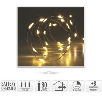 Preview: Silberdraht-Lichterkette, 80 LEDs, IP44, batteriebetrieben, warmweiss, L 395 cm