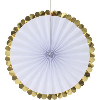 Preview: Ventaglio decorativo di carta, 5 pezzi, oro e bianco, accenti colorati per ogni occasione, decorazioni per feste, decorazioni murali e molto altro ancora