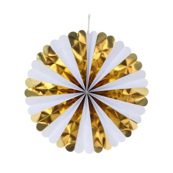 Preview: Ventaglio decorativo di carta, 5 pezzi, oro e bianco, accenti colorati per ogni occasione, decorazioni per feste, decorazioni murali e molto altro ancora
