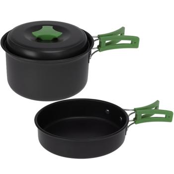 Preview: Set de cuisine de camping 2 pièces - Ustensiles aluminium anodisé compacts durables pour campeurs globe-trotters - Poignées pliables résistantes