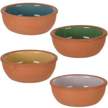 Preview: Tapas Schalen Set 4 Stück Terracotta - Ø 10x4 cm 160g je - Glasierte Innenseite - Blau, Violett, Grau, Gelb - Robust & spülmaschinenfest