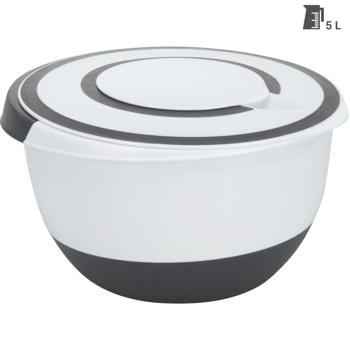 Preview: Jatte de 5L avec couvercle fraîcheur - Récipient antidérapant pour mélanger pâtes/crèmes, bec verseur & poignée - Plastique, blanc/noir, sans BPA