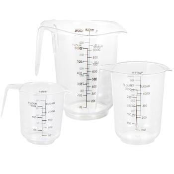 Preview: Lot de 3 Verres Doseurs Empilables - 1000/500/250 ml - Poignée & Bec Verseur - Idéal Cuisine/Pâtisserie - Polystyrène Transparent